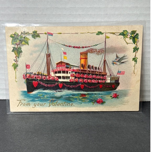 Unbranded Other - Antique Valentine Postcard Embossed Steamship Roses Hearts Germany Serie 14/6